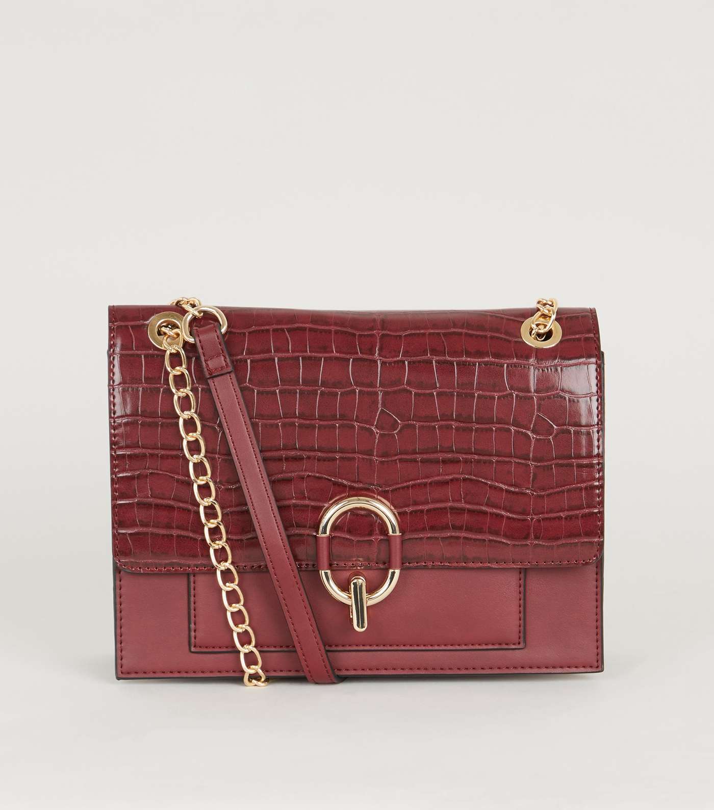 Burgundy Leather-Look Faux Croc Shoulder Bag