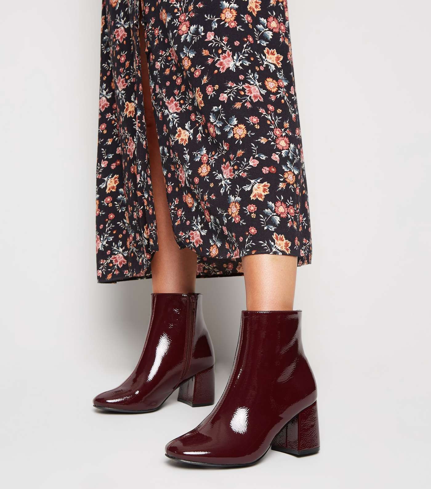 Wide Fit Dark Red Patent Flared Heel Ankle Boots Image 2