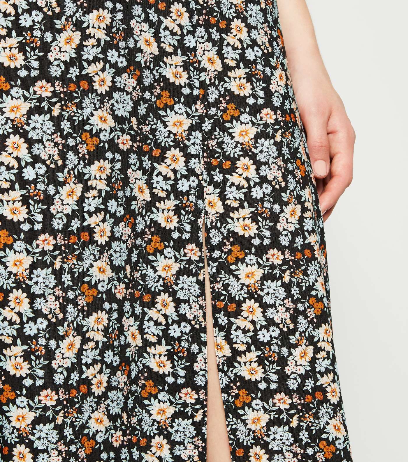 Black Floral Side Split Midi Skirt Image 3