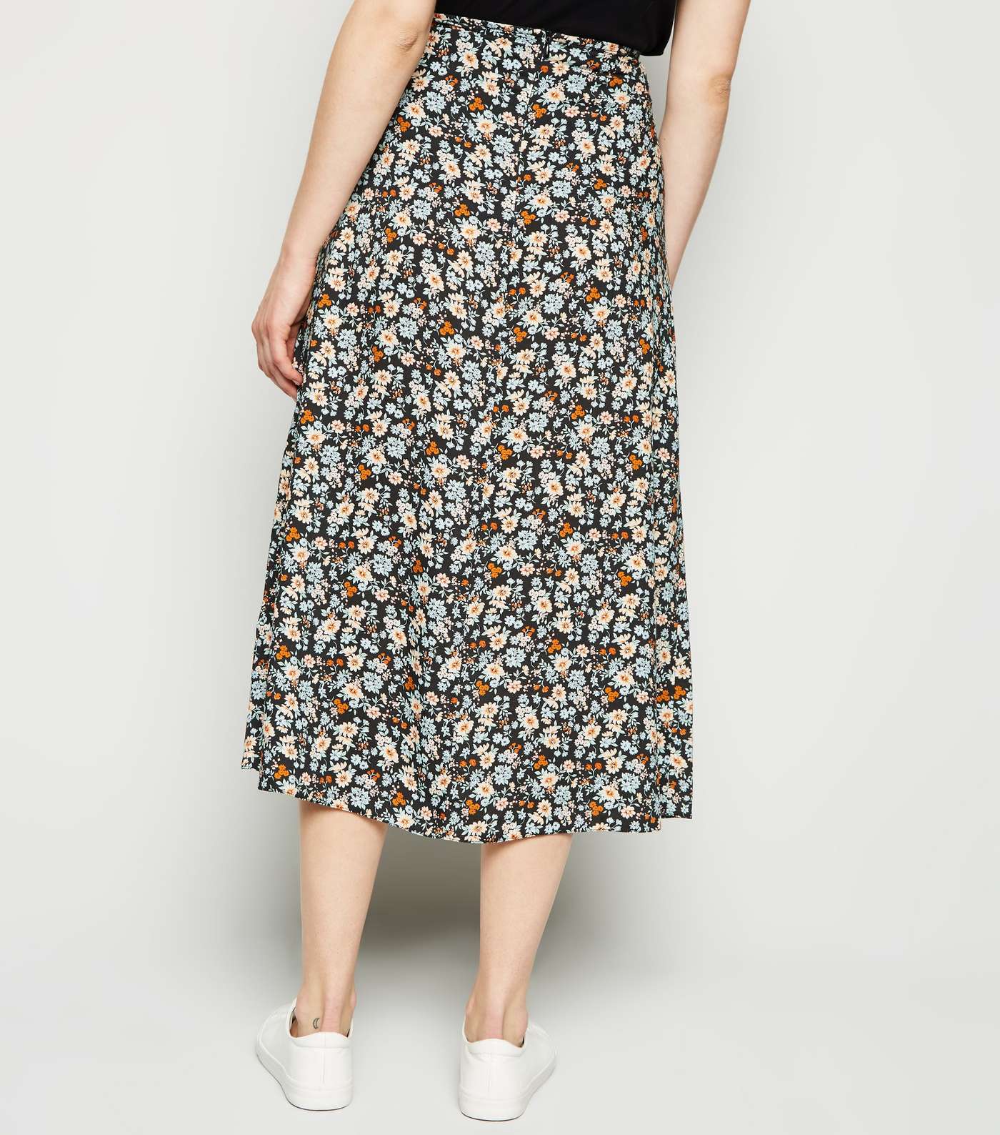 Black Floral Side Split Midi Skirt Image 5