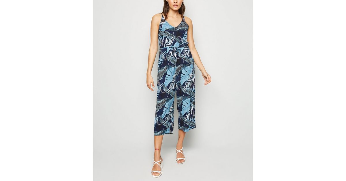 AX Paris Blue Tropical Culotte Jumpsuit New Look