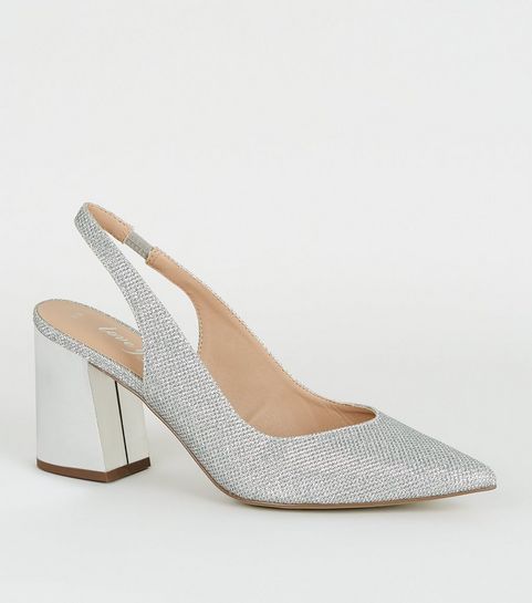 Silver Glitter Flared Block Heel Slingbacks