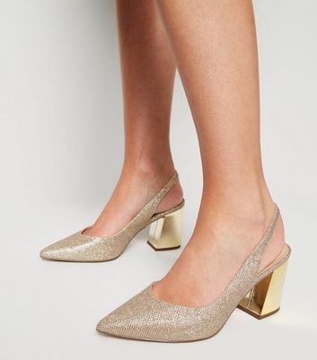 Gold Glitter Flared Block Heel Courts 