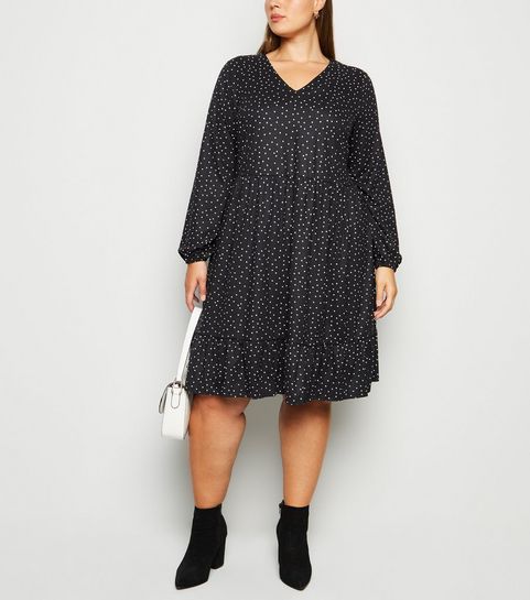 Curves - Robe noire à pois et à manches longues