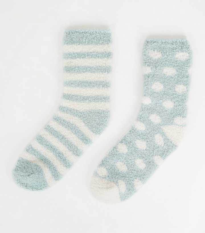 2 Pack Mint Green Stripe and Spot Fluffy Socks
