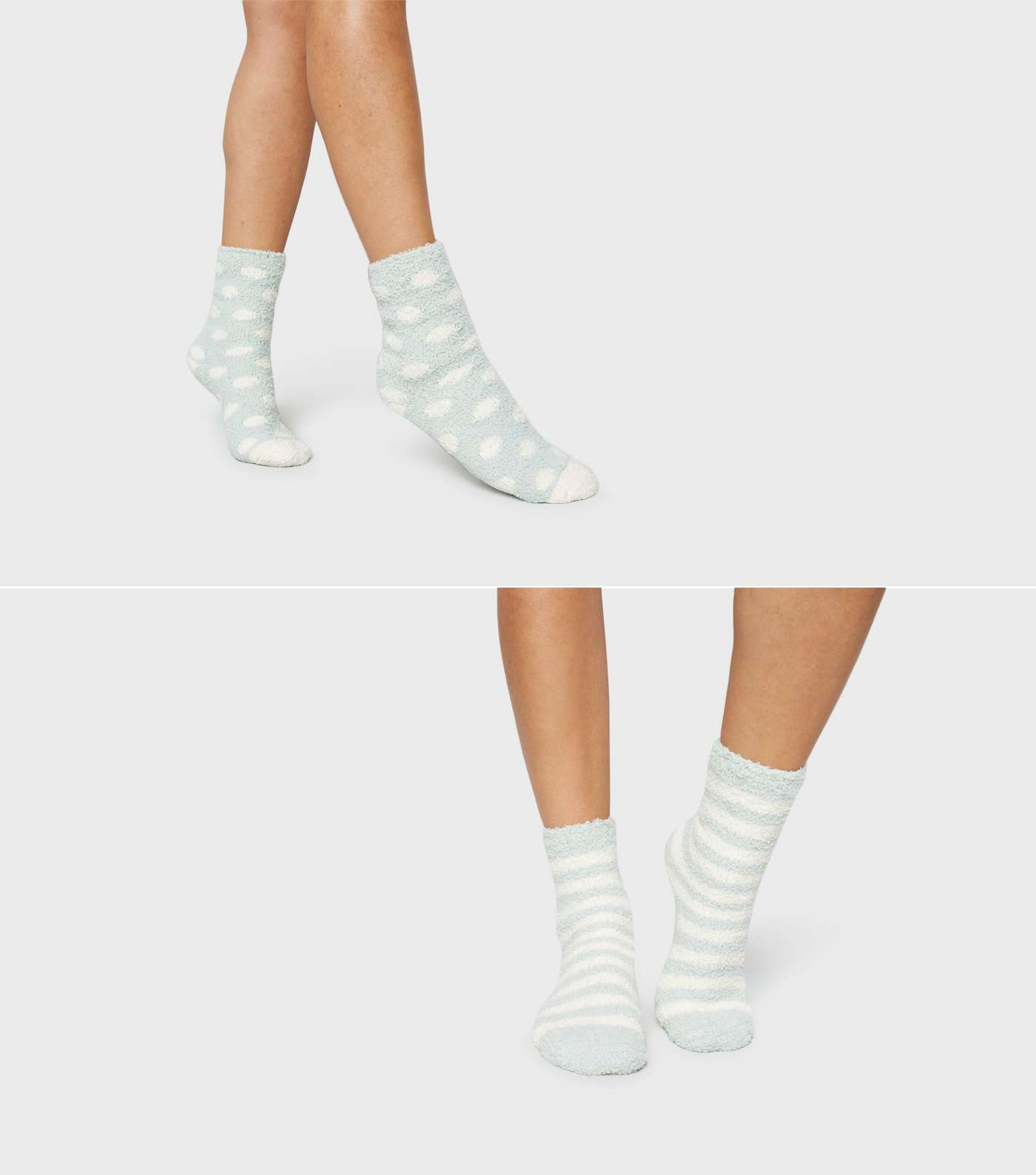 2 Pack Mint Green Stripe and Spot Fluffy Socks Image 2
