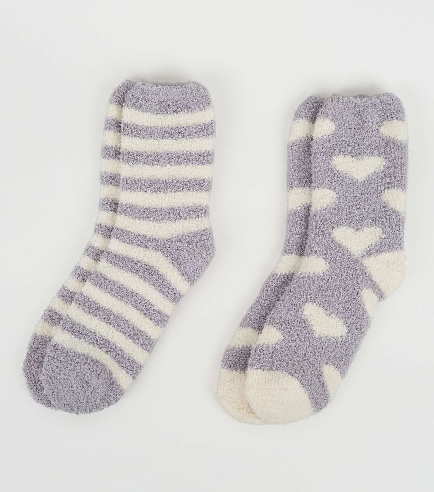 2 Pack Lilac Stripe and Heart Fluffy Socks