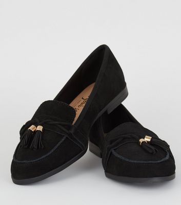 Image of Black Suede Tassel Trim Loafers New Look