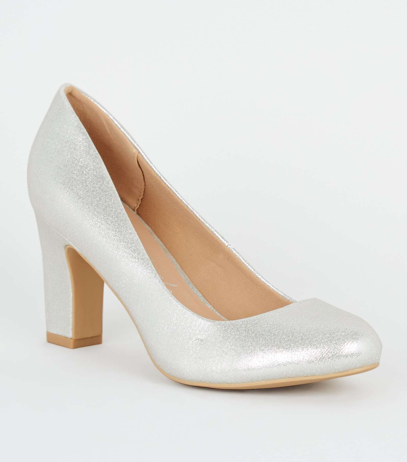 Wide Fit Silver Shimmer Block Heel Courts