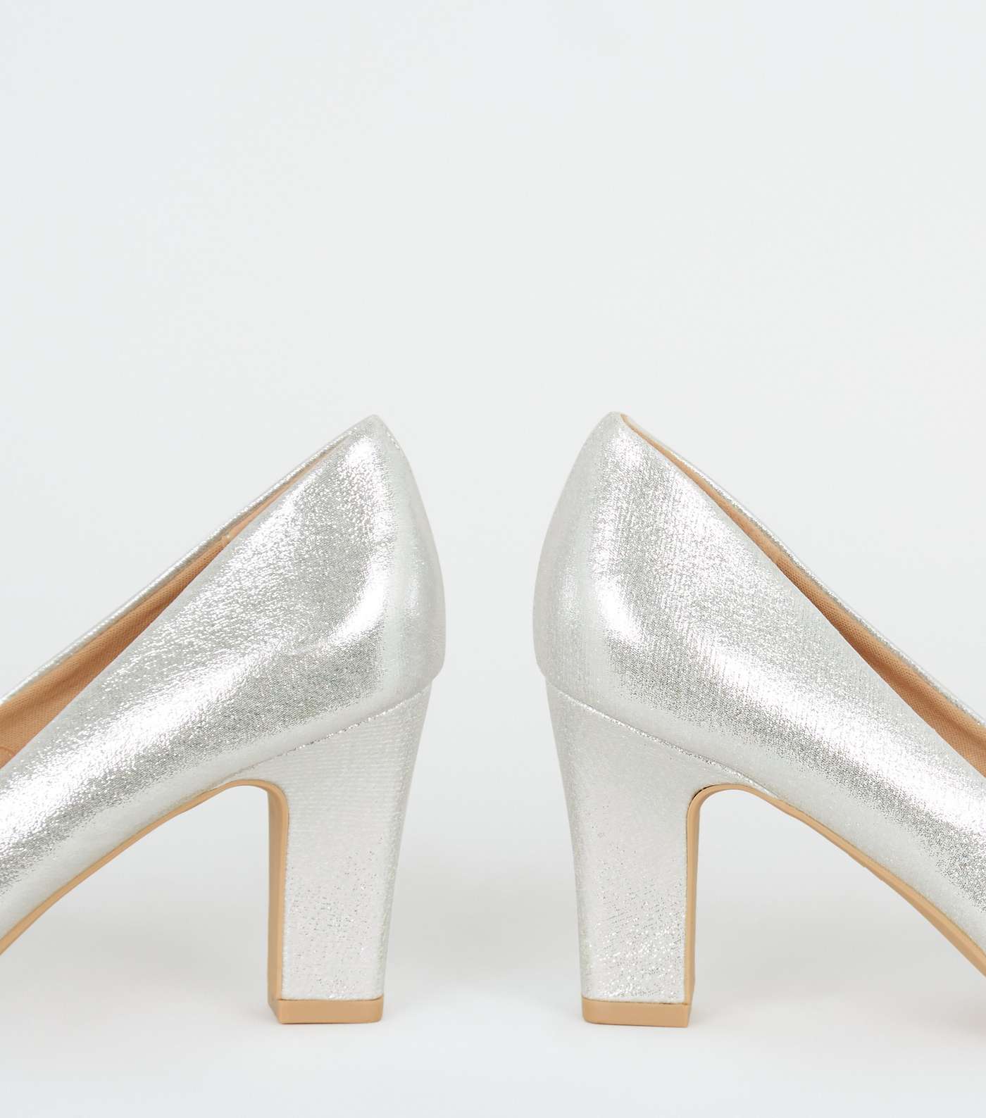 Wide Fit Silver Shimmer Block Heel Courts Image 3