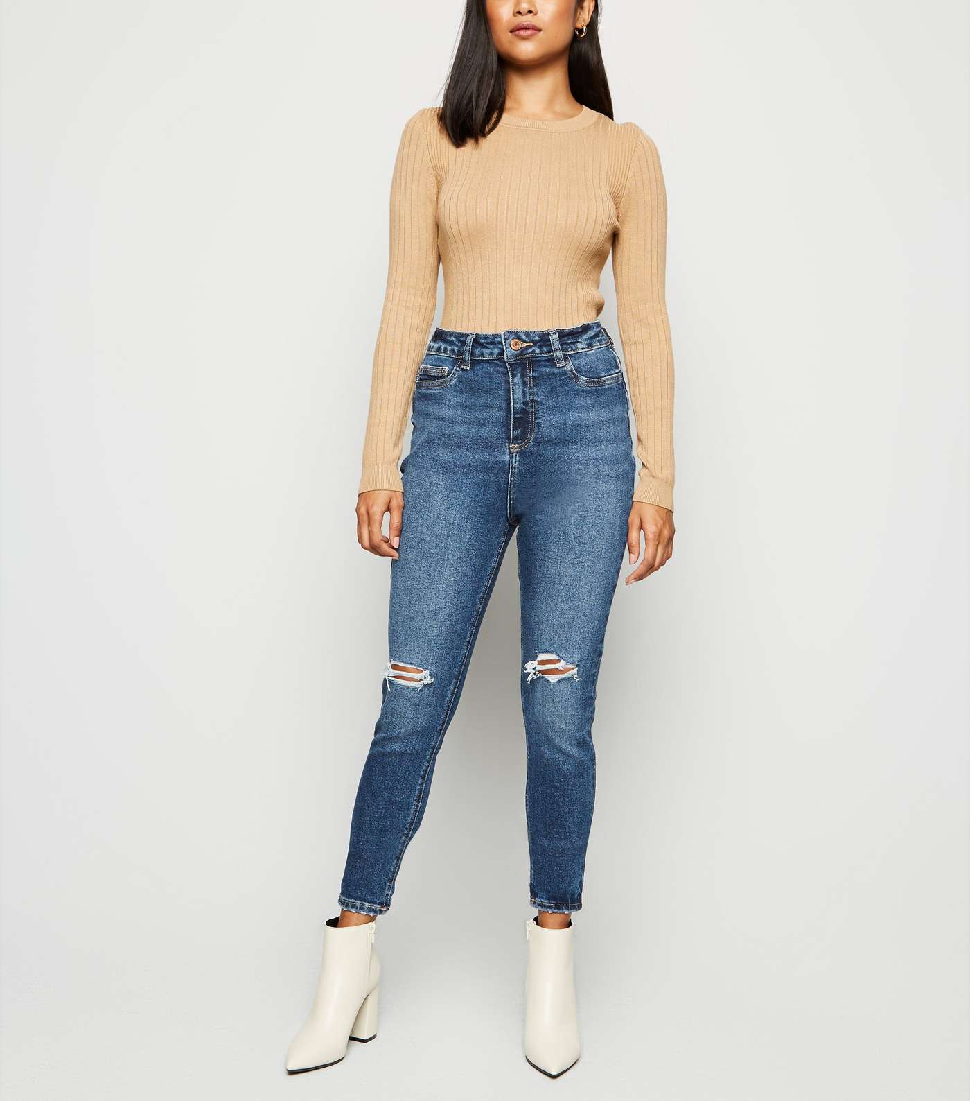 Petite Blue Rinse Wash Ripped High Waist Super Skinny Jeans