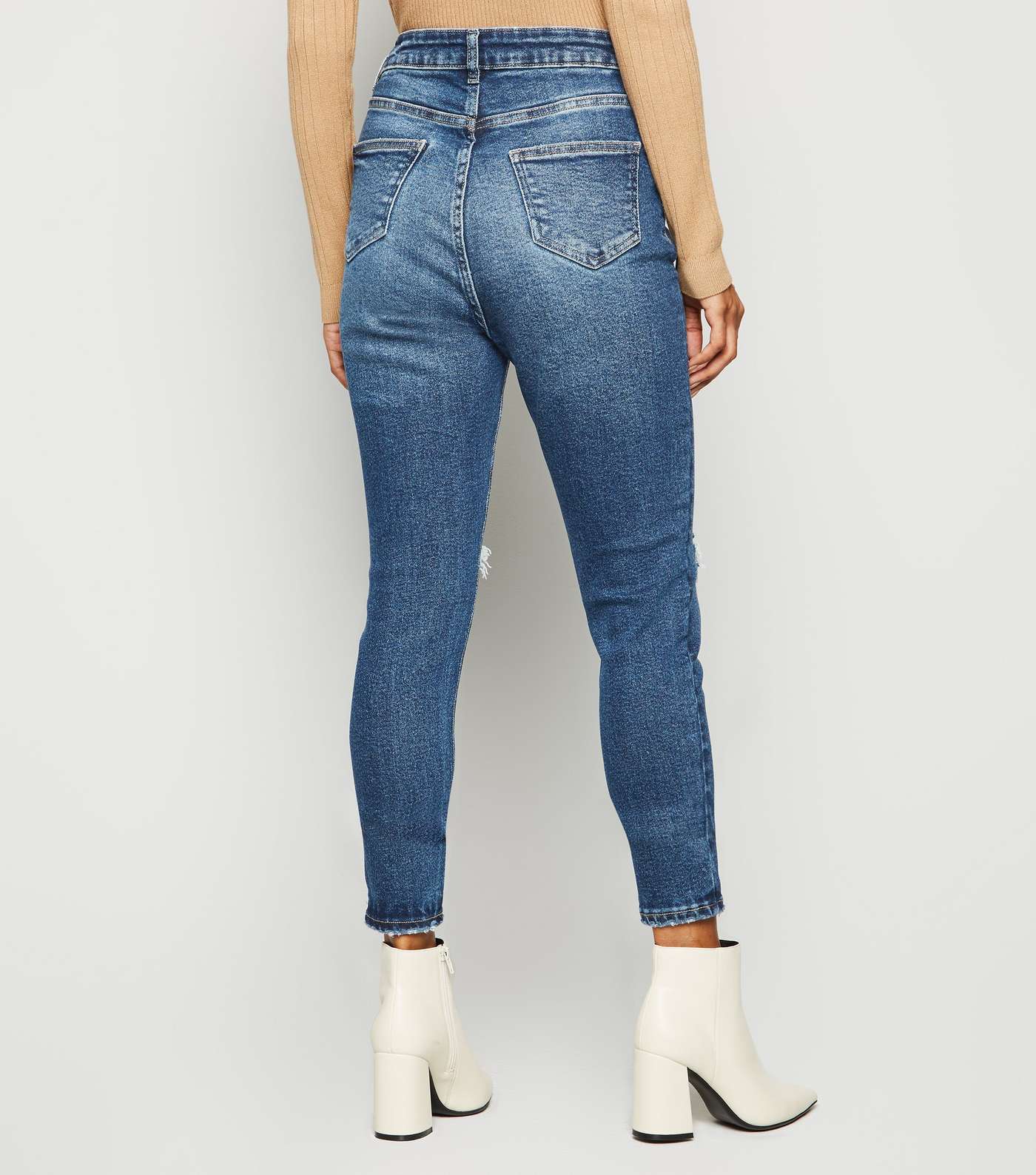 Petite Blue Rinse Wash Ripped High Waist Super Skinny Jeans Image 5