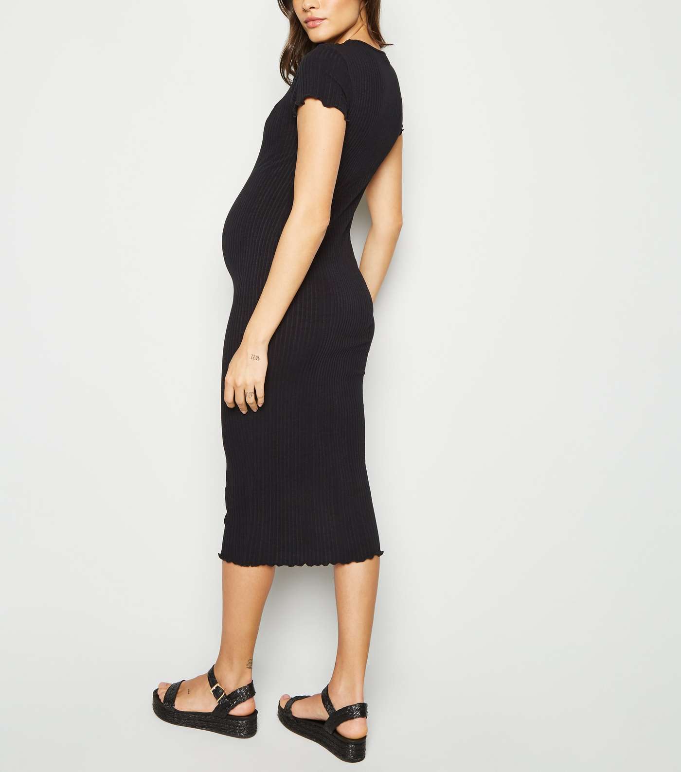 Maternity Black Ribbed Frill Midi Dress Image 3
