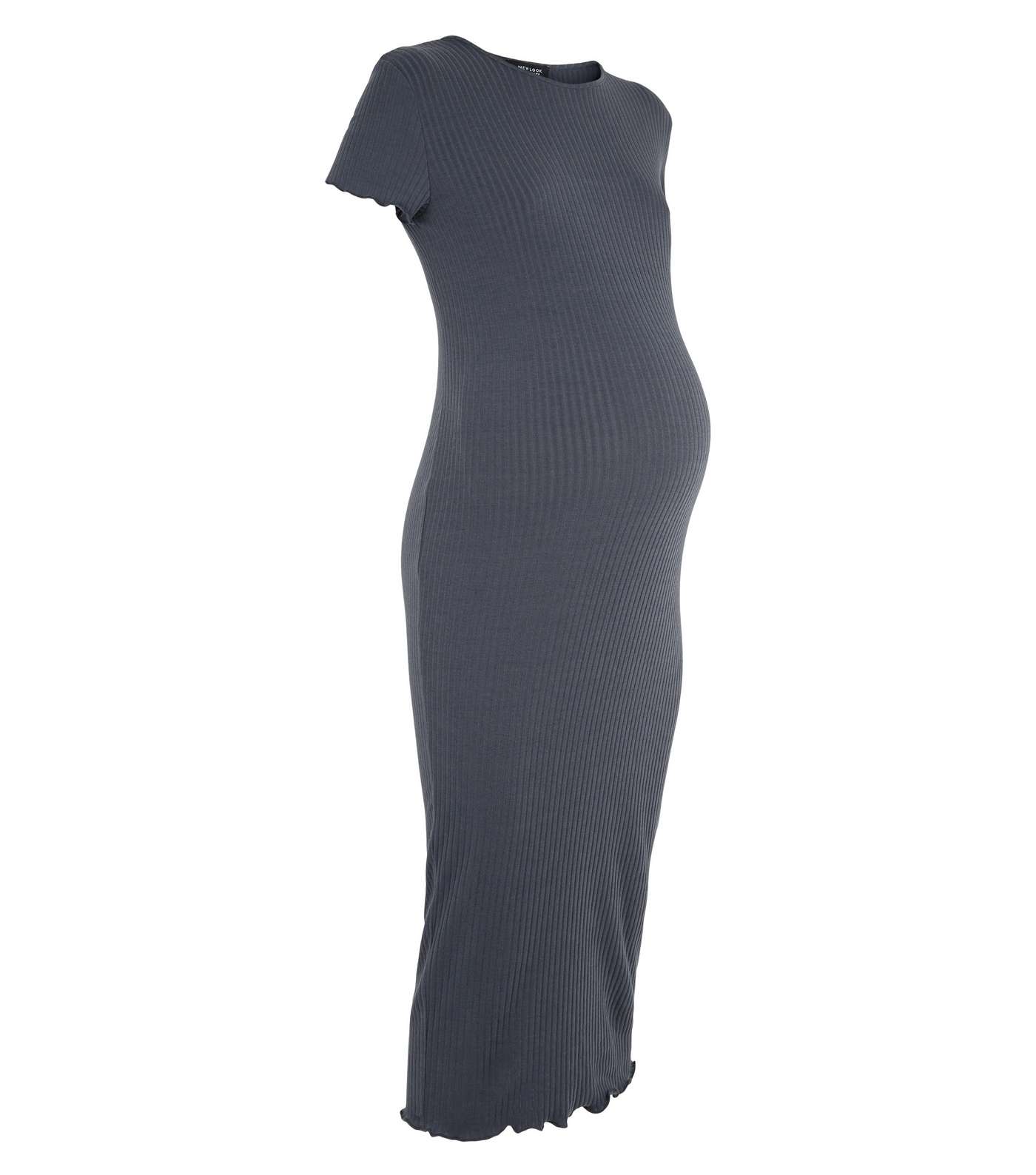 Maternity Dark Grey Ribbed Frill Midi Dress Image 4
