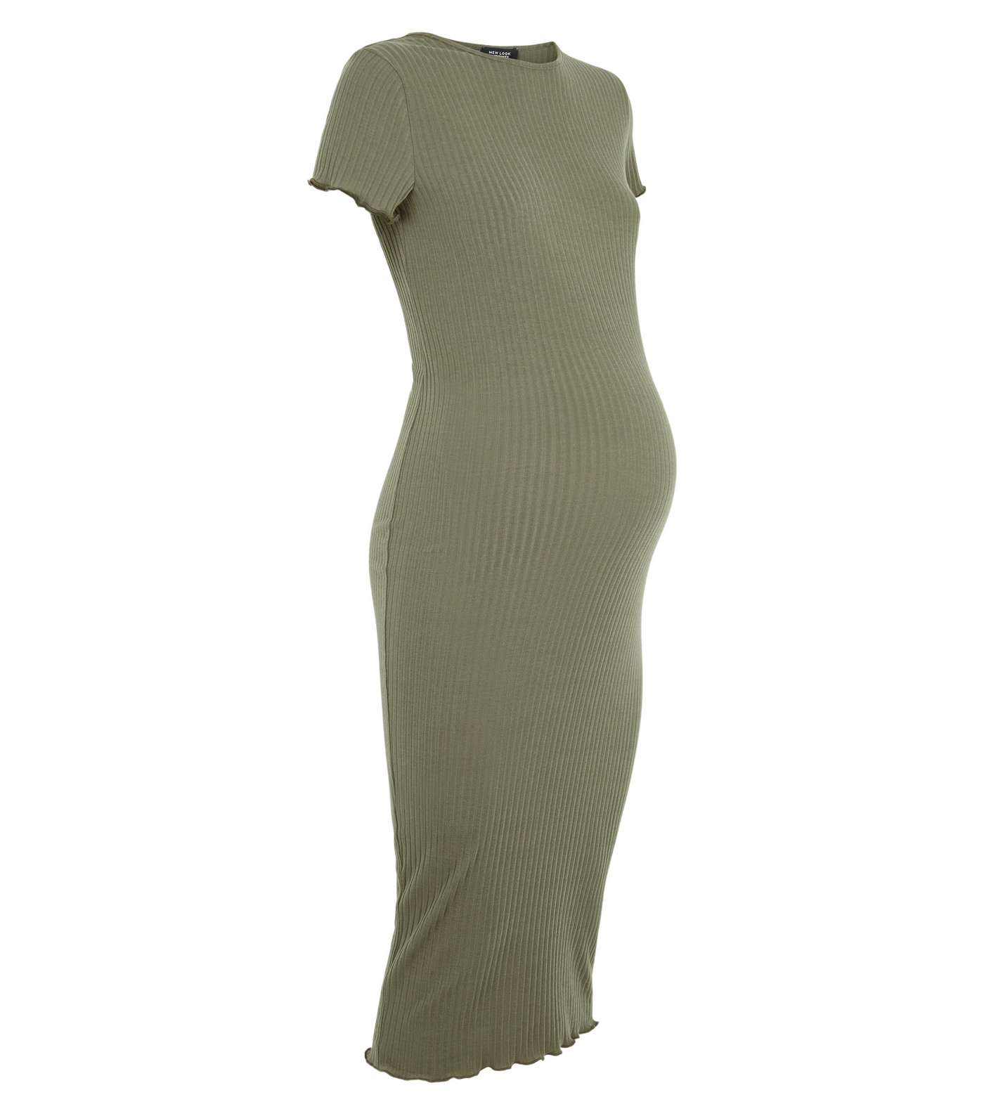 Maternity Khaki Ribbed Frill Midi Dress Image 4