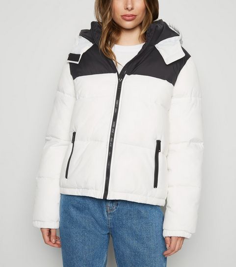 White Colour Block Hooded Puffer Jacket 