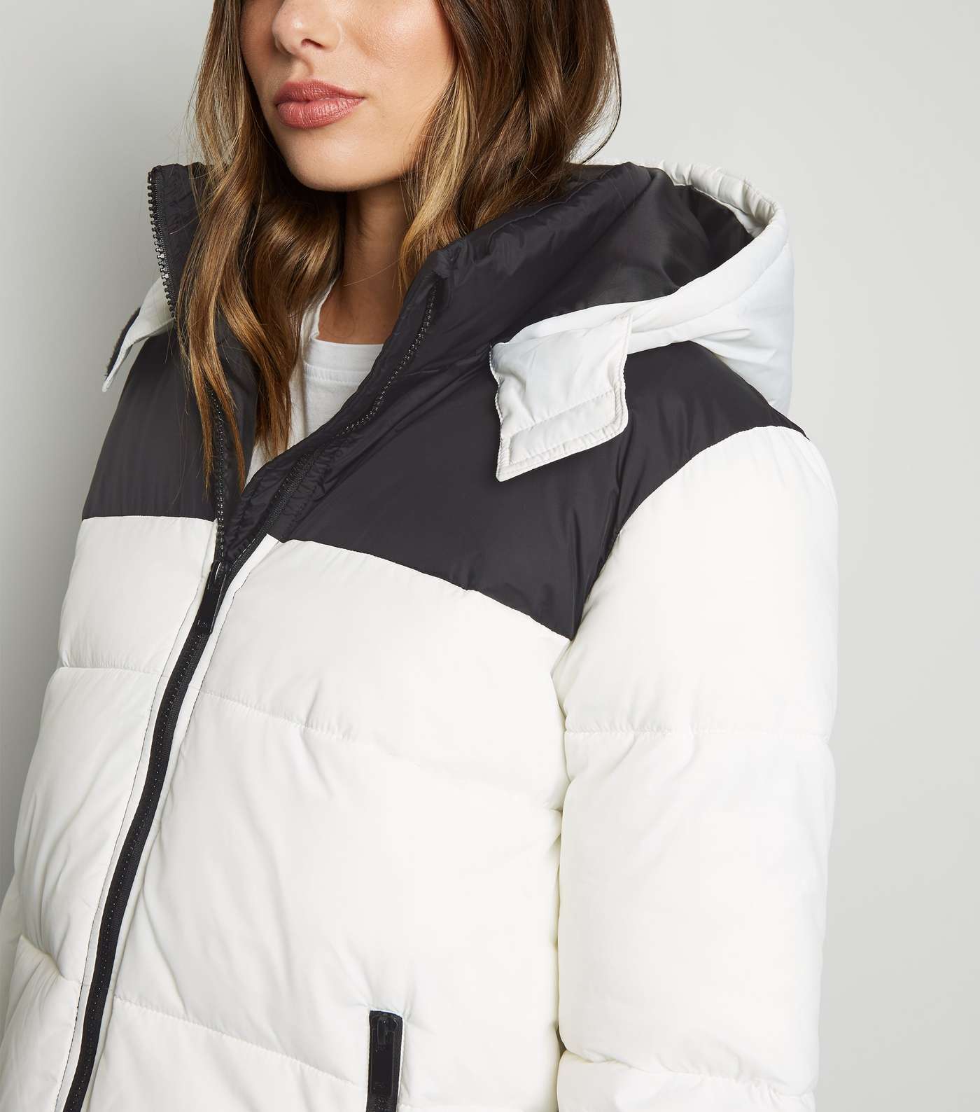 White Colour Block Hooded Puffer Jacket  Image 3