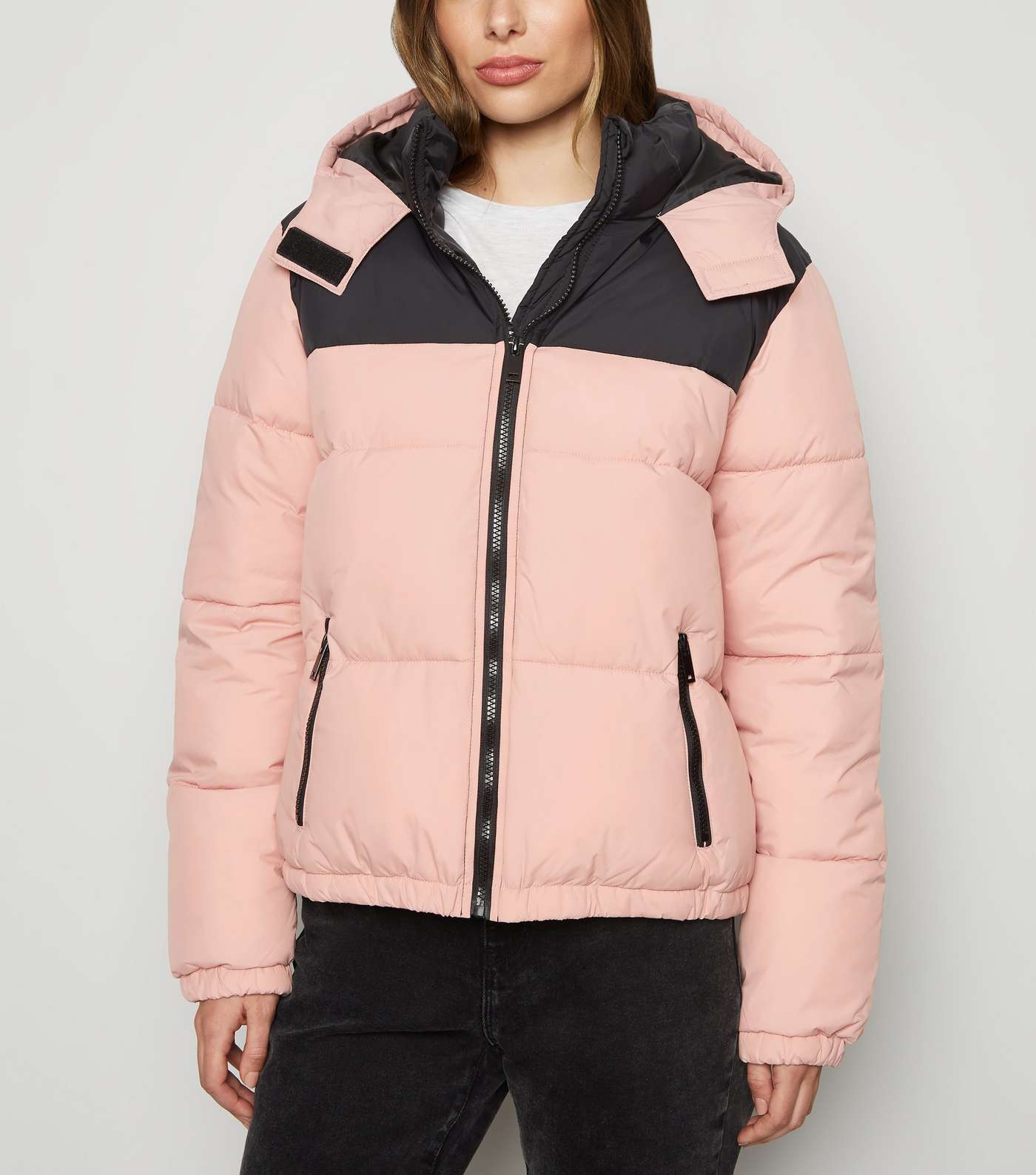 Pink Colour Block Hooded Puffer Jacket 