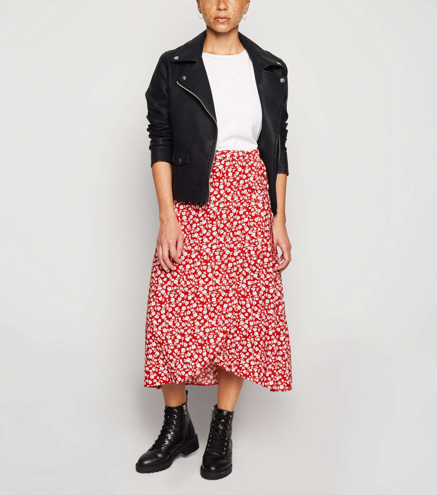 Petite Red Floral Wrap Midi Skirt