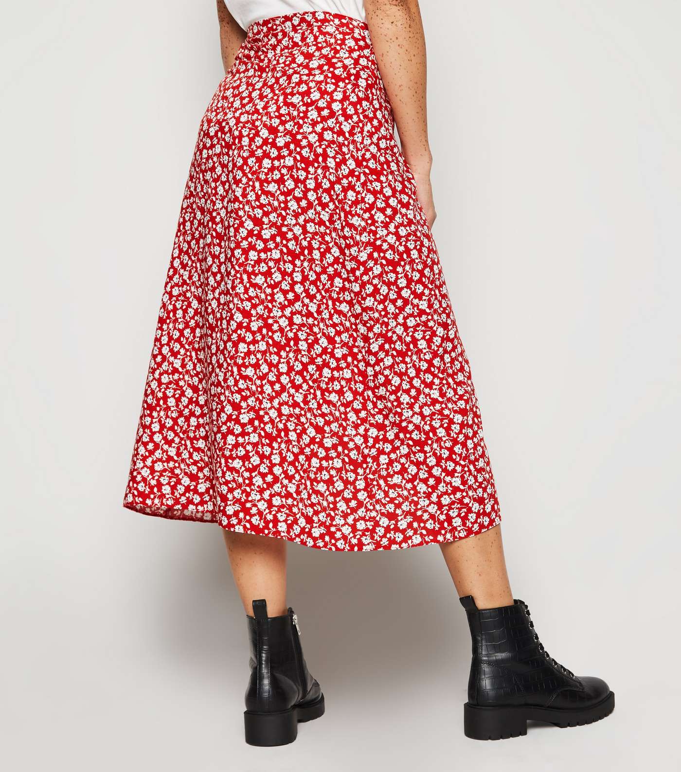 Petite Red Floral Wrap Midi Skirt Image 3