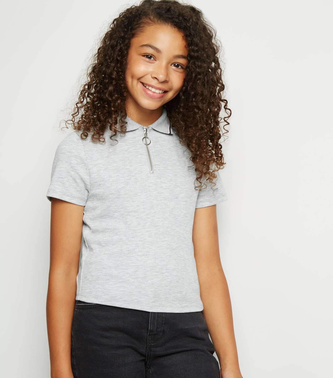 Girls Grey Tipped Zip Up Polo Top
