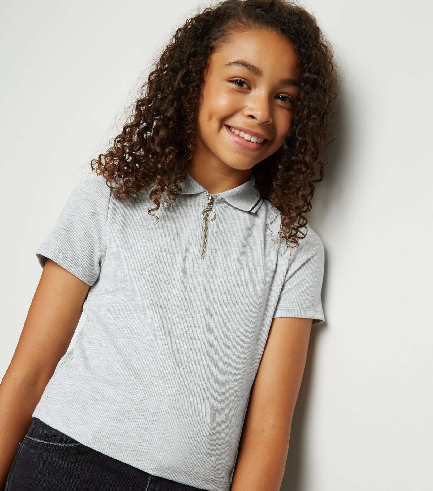 Girls Grey Tipped Zip Up Polo Top Image 5