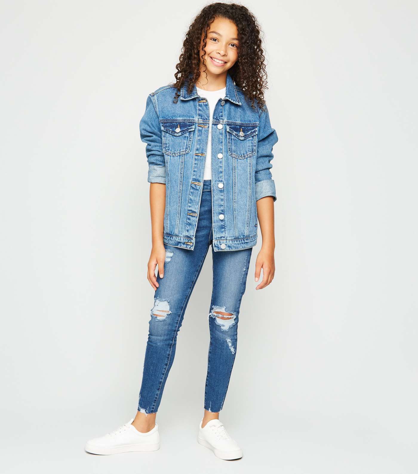 Girls Blue Ripped Mid Wash Skinny Jeans