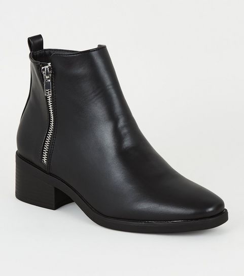 Black Leather-Look Low Block Heel Boots
