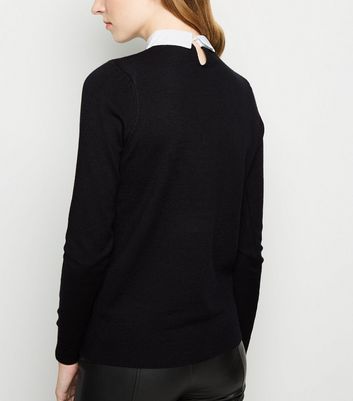 Black Gem Embellished Bow Collar Jumper