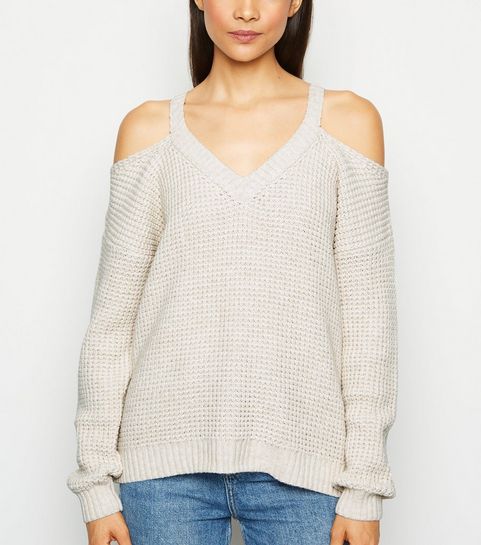 Cream Waffle Knit Cold Shoulder Jumper