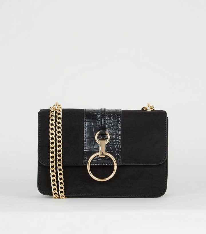 Black Suedette Faux Croc Panel Shoulder Bag