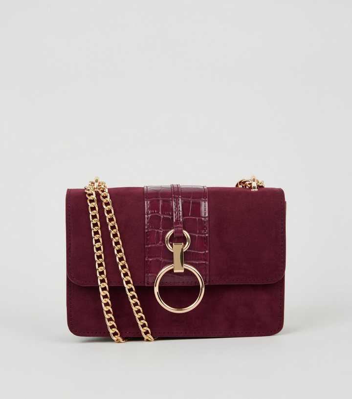 Burgundy Suedette Faux Croc Shoulder Bag
