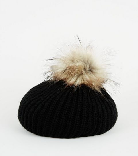 Black Faux Fur Pom Pom Knit Beret