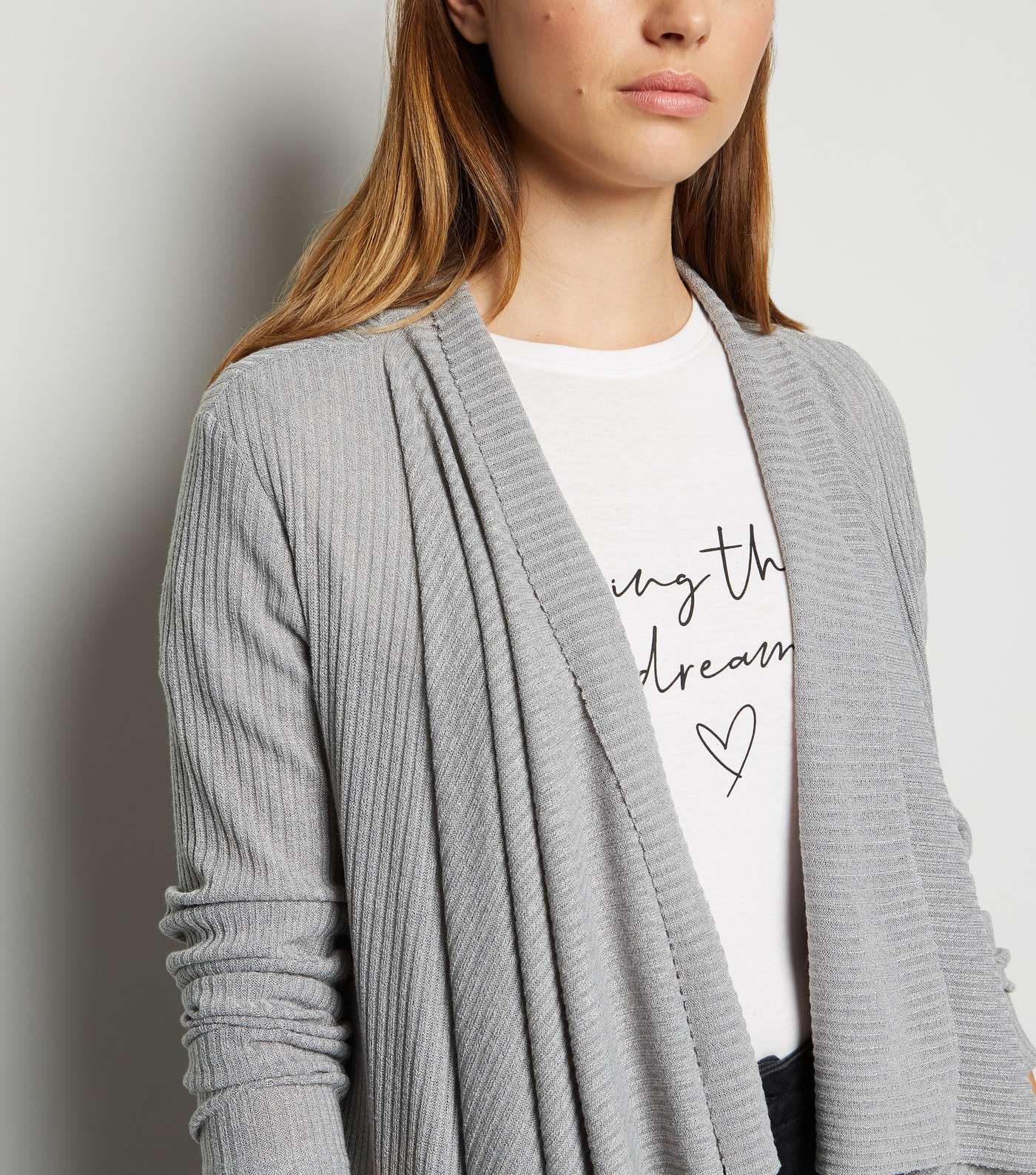 Pale Grey Ribbed Fine Knit Waterfall Cardigan  Image 3