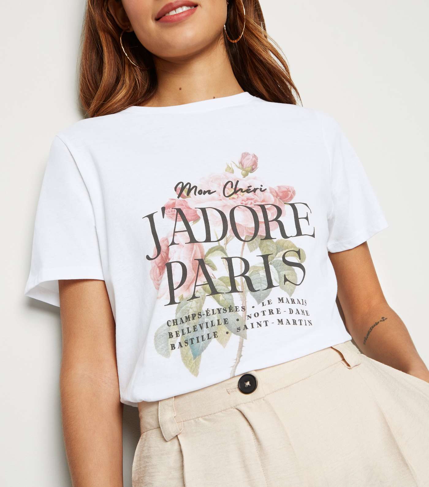 White J'Adore Paris Rose Slogan T-Shirt  Image 3
