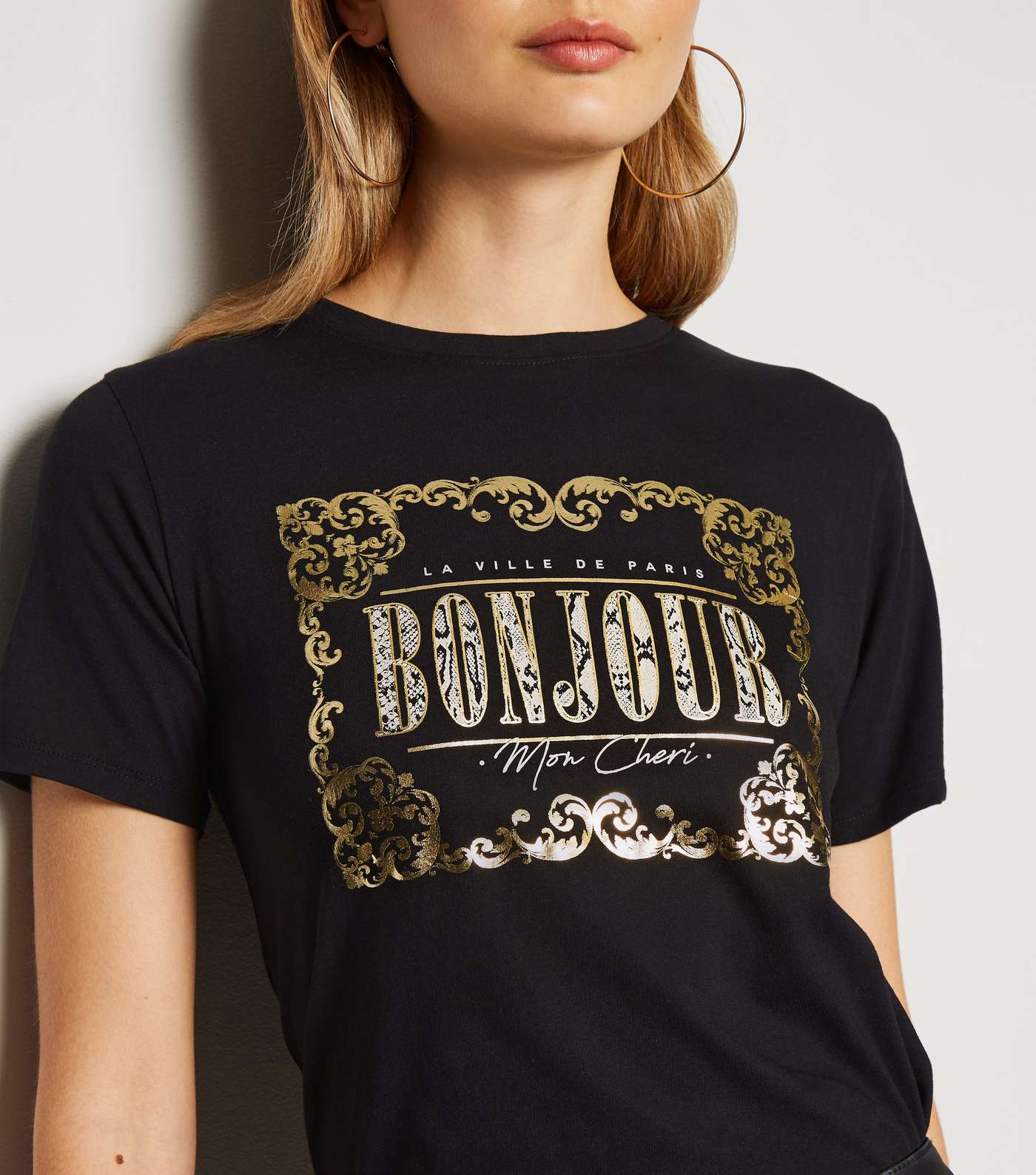 Black Metallic Bonjour Slogan T-Shirt Image 5