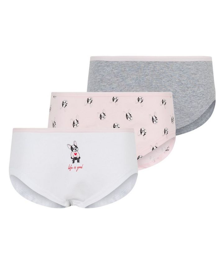 Girls 3 Pack Multicoloured Frenchie Bulldog Slogan Briefs New Look
