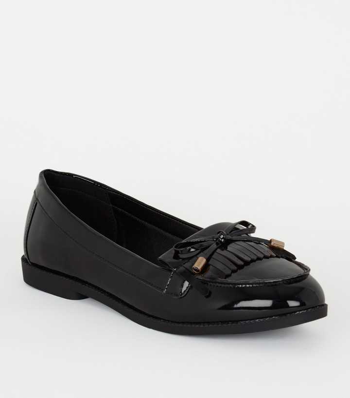 Wide Fit Black Patent Bow Tassel Loafers | New Look