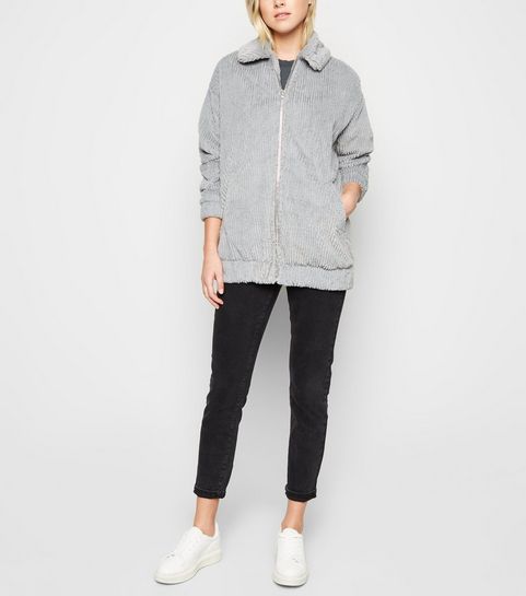 Pale Grey Ribbed Faux Fur Bomber Jacket