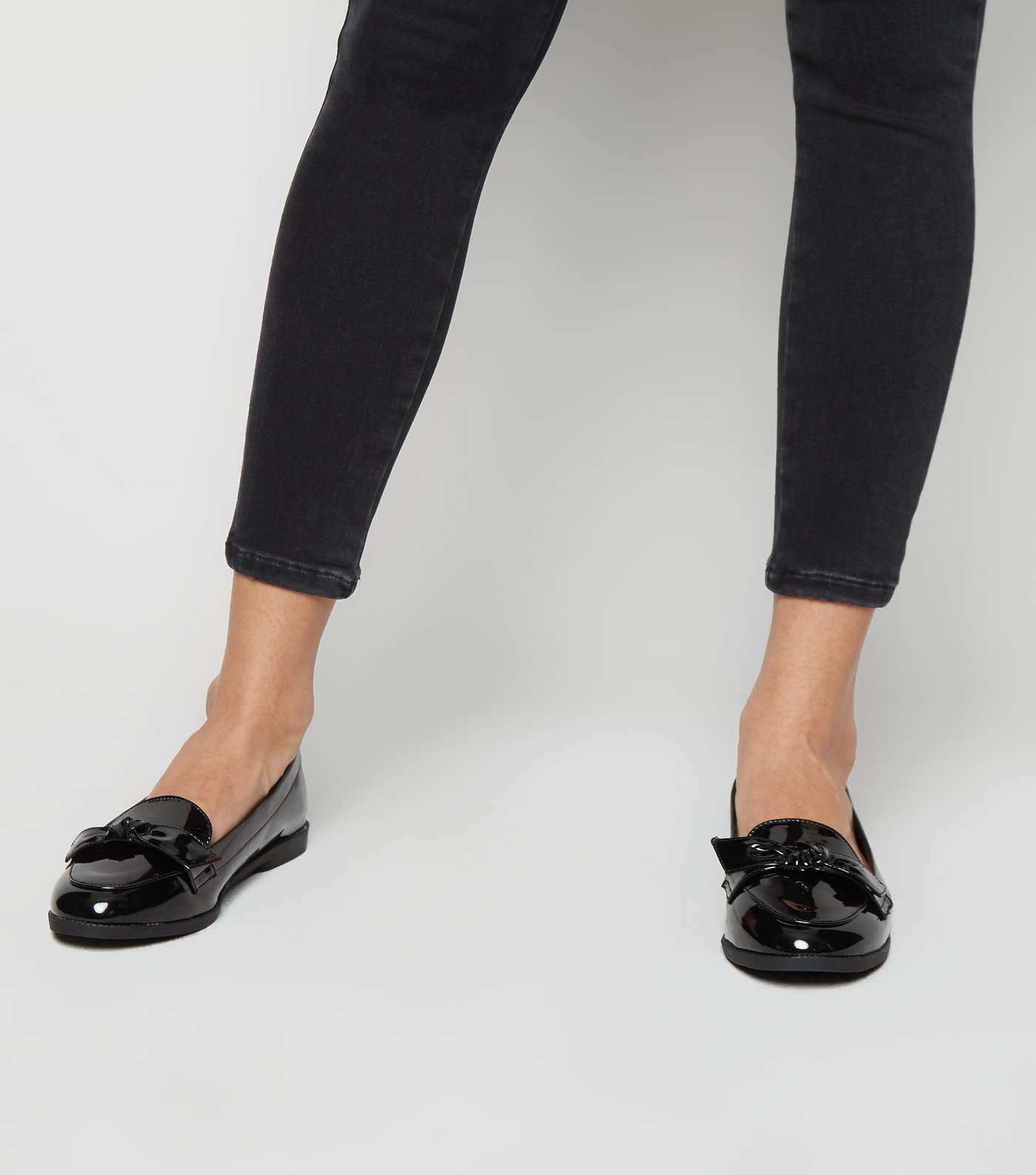 Wide Fit Black Patent Bow Loafers Image 2