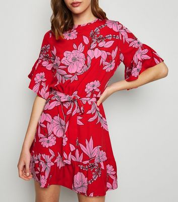 red floral frill dress