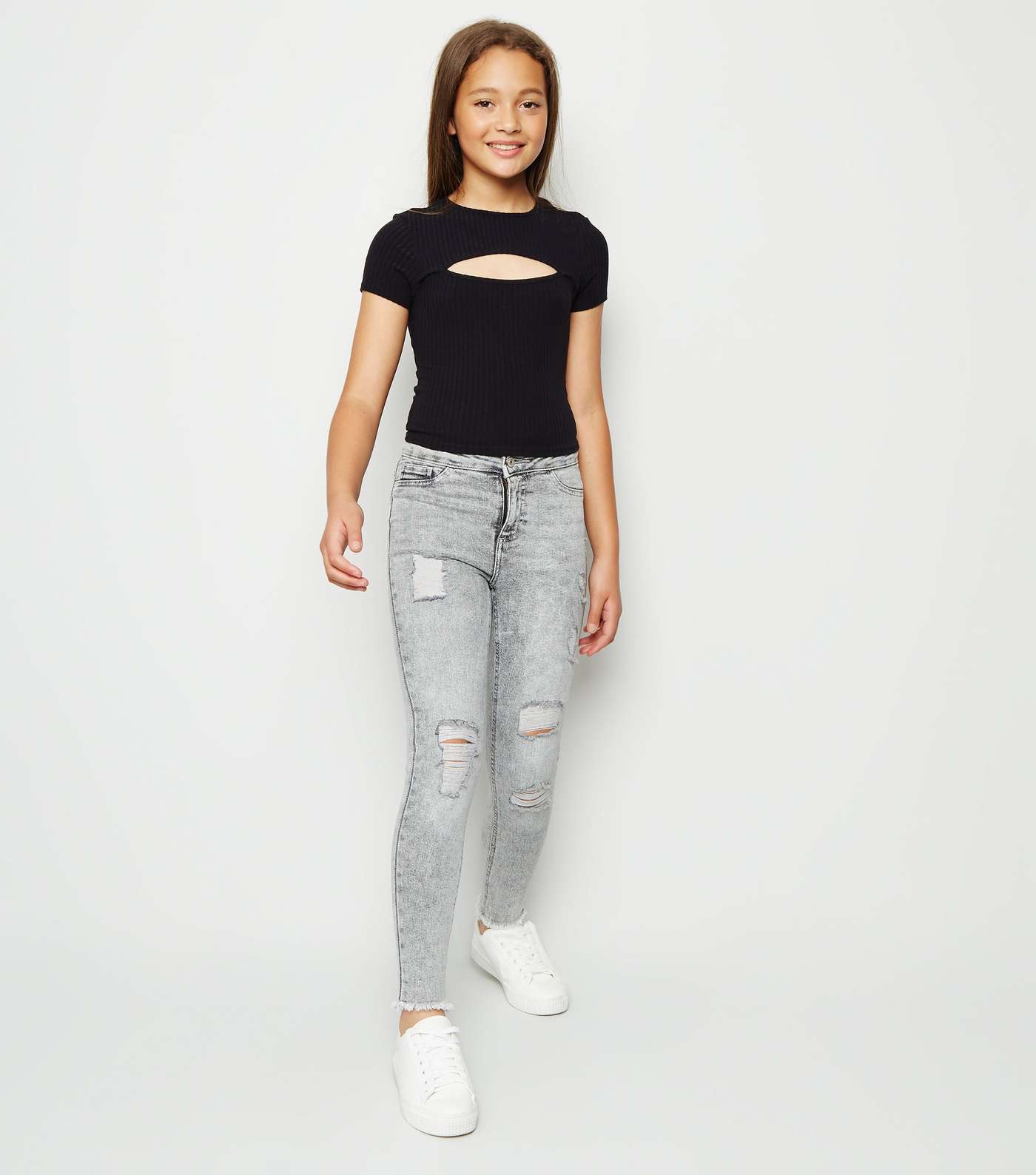 Girls Black Ribbed Cut Out T-Shirt  Image 2