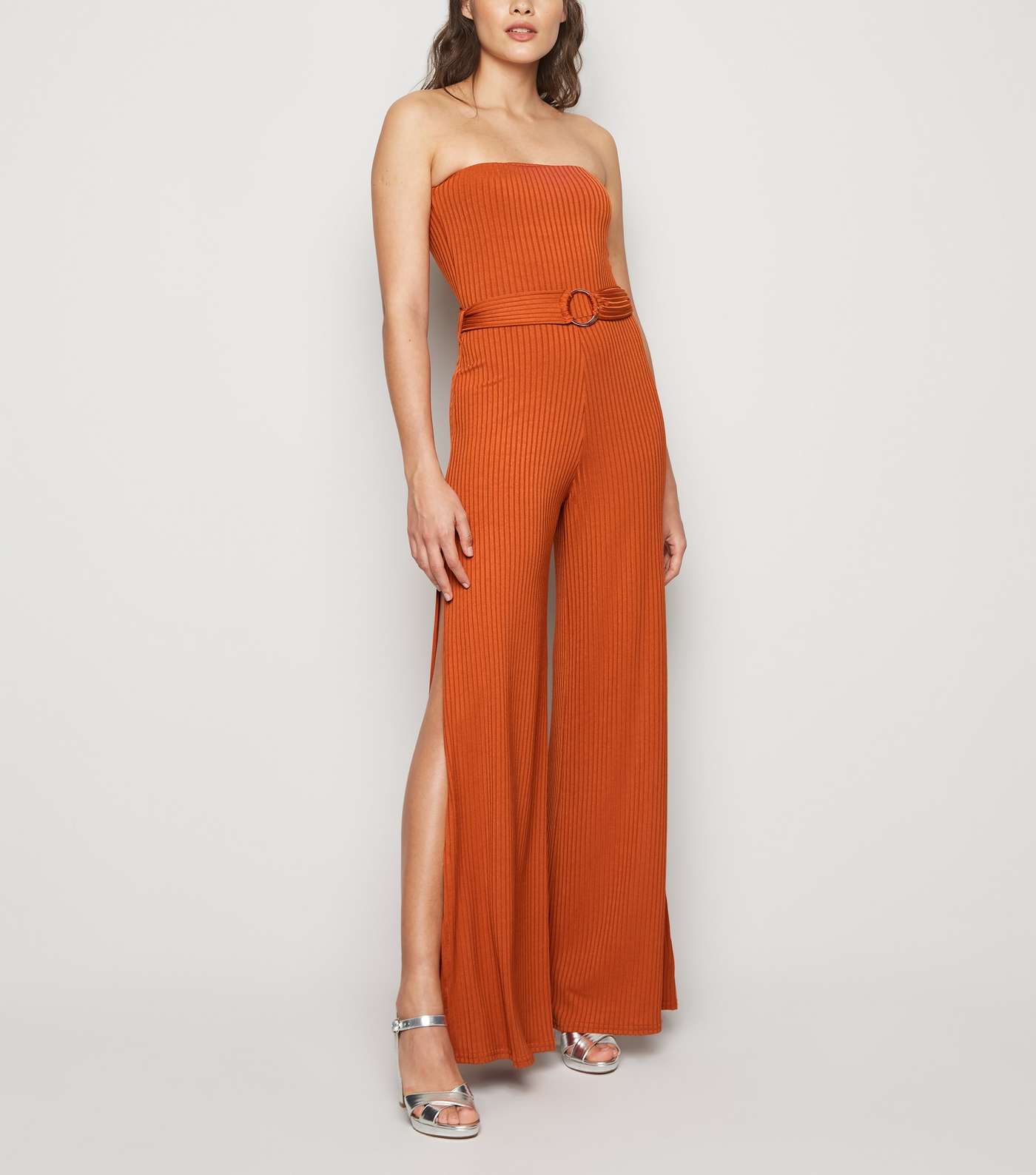 Rust Ribbed Belted Split Strapless Jumpsuit