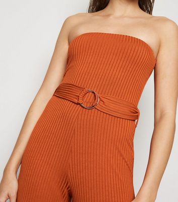 Rust Ribbed Belted Split Strapless Jumpsuit New Look