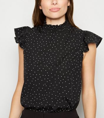 Black Spot Frill High Neck Blouse | New 