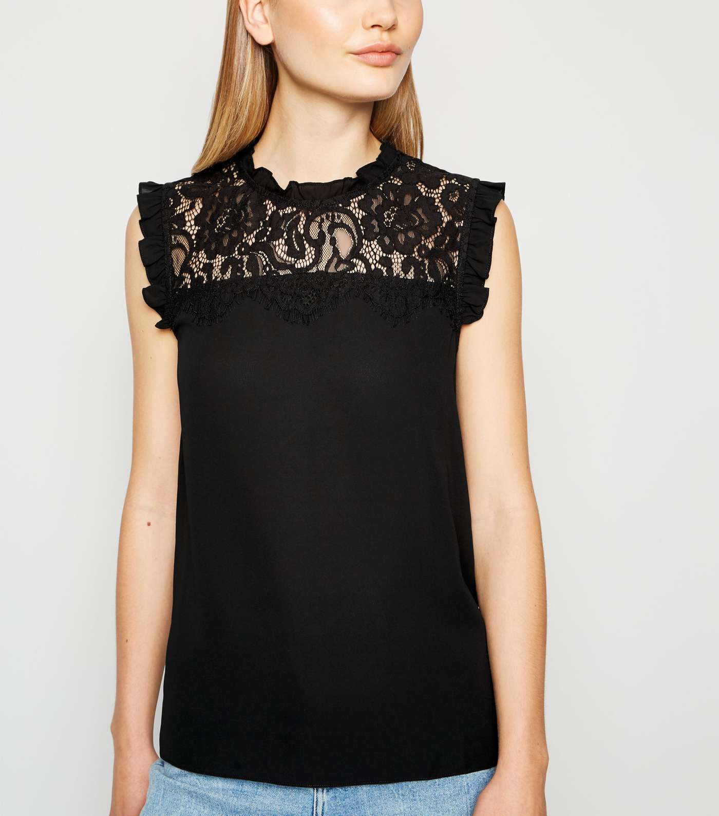 Black High Neck Frill Lace Front Blouse