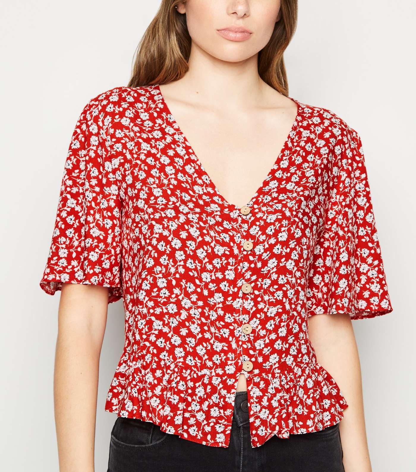 Red Ditsy Floral Boxy Peplum Blouse