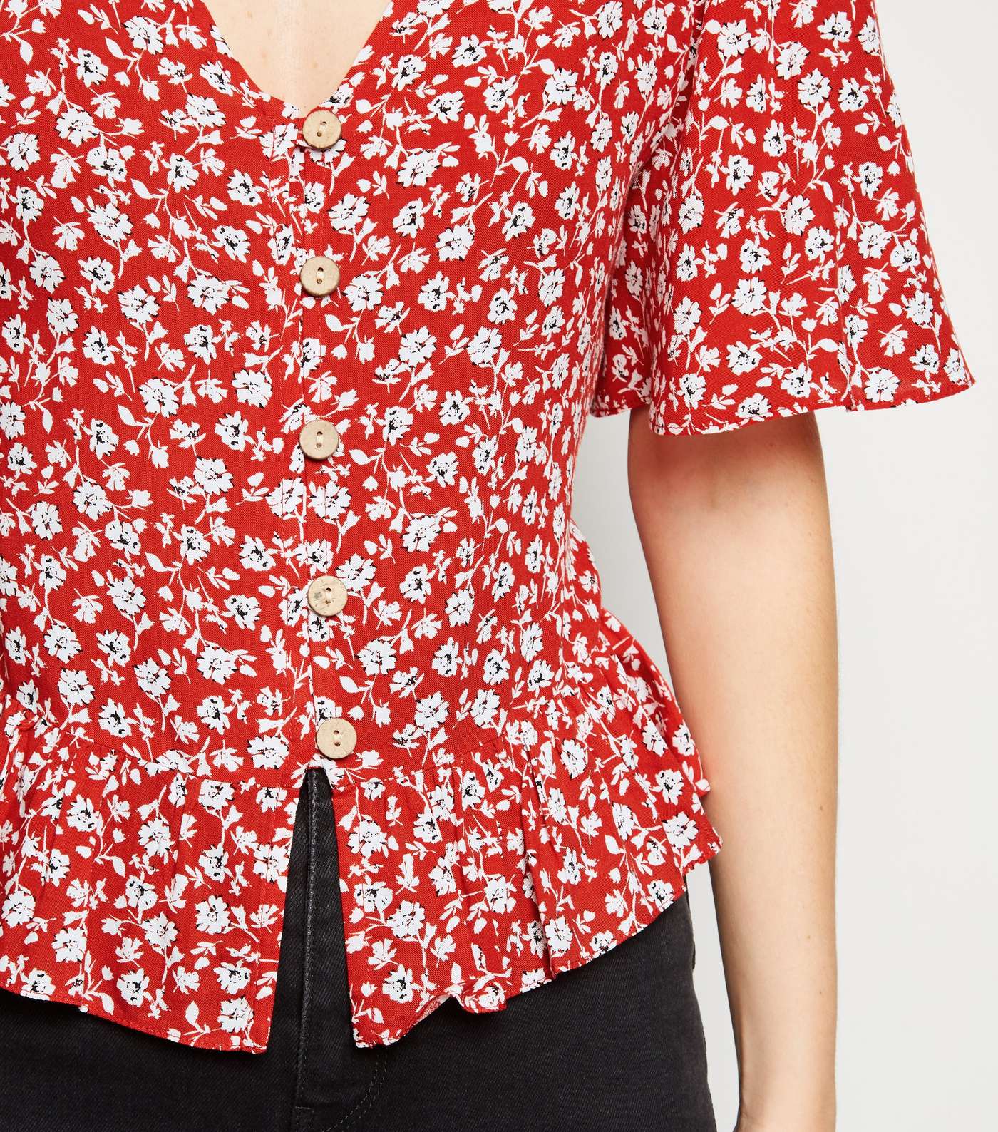 Red Ditsy Floral Boxy Peplum Blouse Image 3
