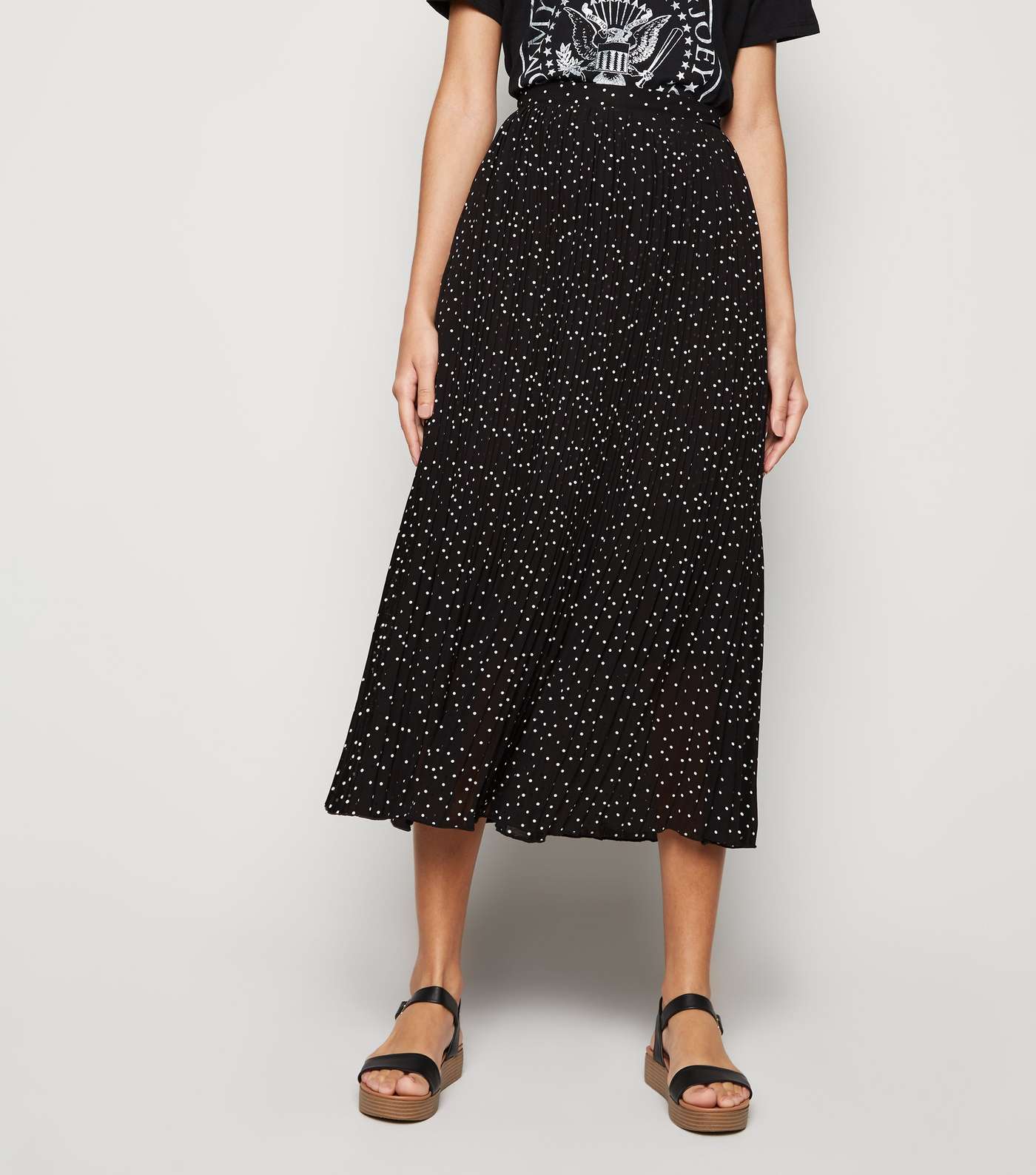 Black Spot Print Pleated Midi Skirt Image 2