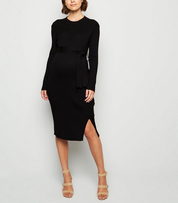 Umstandsmode Schwarzes Geripptes Kleid Mit Geschnurter Taille Und Blumenmuster New Look